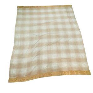 Faribo Wool Satin Vintage Beige Checkered Blanket 88.5" Faribault Fluff Loom